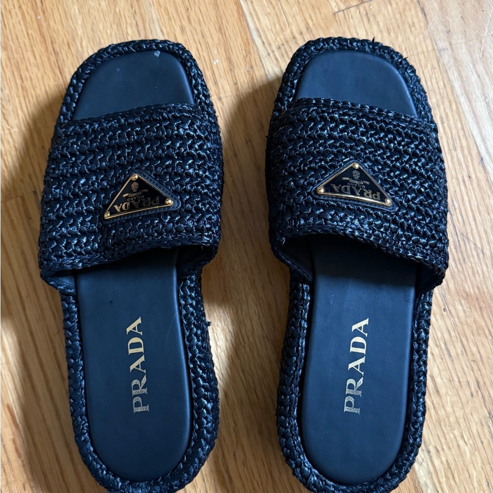Prada Black Raffia Flatform Slide Sandal Size US8/EU38